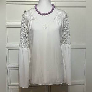 COPY - Tahari white blouse with crochet/lace details. Size L and M available. N…